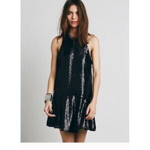 Free People night out Black Sequined Liquid Shine Party sleeveless halter dress